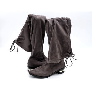 Catherine Malandrino Sock Boots Womens 7 Gray Fabric Pearl Heel Thigh Highs